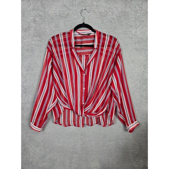 Zara Womens Top Sheer Striped Button Down  XS Red White Blue LS Patriotic Blouse - Picture 2 of 8